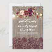 Burgundy Floral Lace Rustic Graduation Party Kaart (Voorkant)