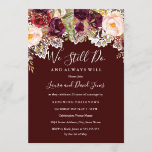 Burgundy Floral Lace Wedding Vow Renewal Kaart