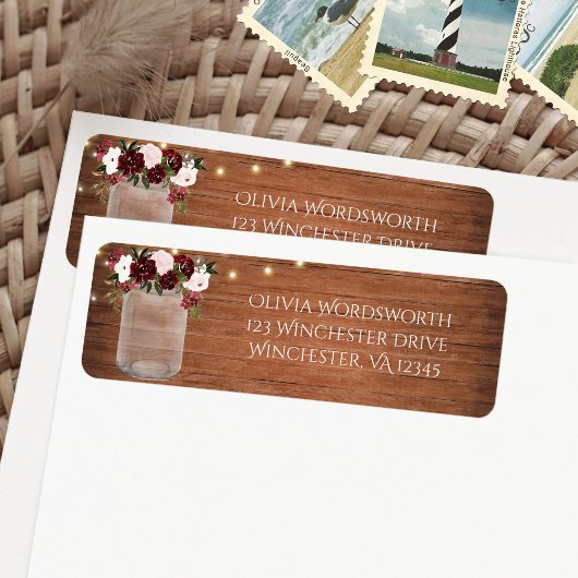 Burgundy Floral Lights Mason Jar Rustic Wedding Etiket