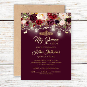 Burgundy Floral Lights Quinceanera Folie Uitnodiging