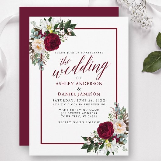 Burgundy Floral Lijst Greenery Calligraphy Wedding Kaart