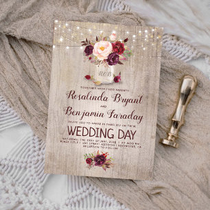 Burgundy Floral Mason Jar Rustic Wedding Kaart