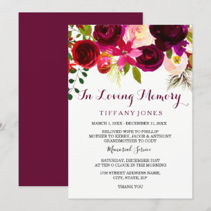 Burgundy Floral Memorial Announcement Service Kaart