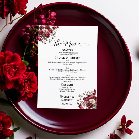 Burgundy Floral Modern Script 5x7'' Menu Mariage