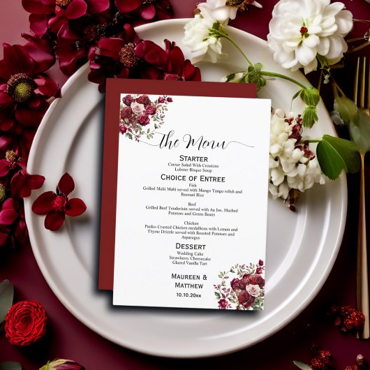 Burgundy Floral Modern Script 5x7'' Menu Mariage