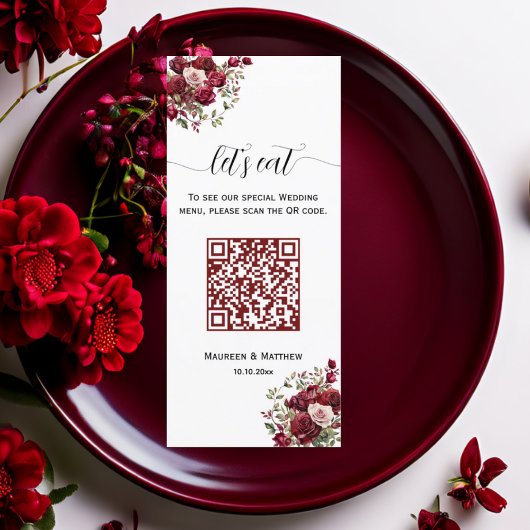 Burgundy Floral Moderne QR Code 4x9'' Menu Mariage