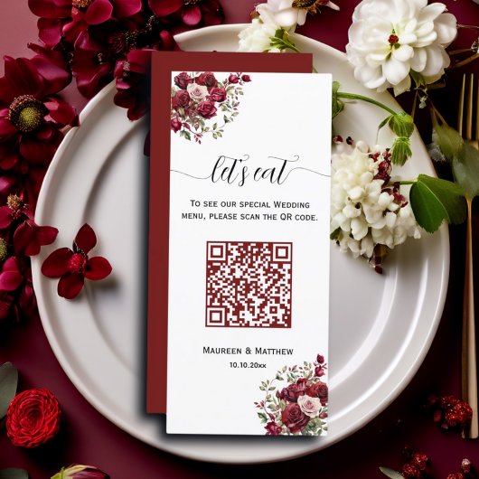 Burgundy Floral Moderne QR Code 4x9'' Menu Mariage