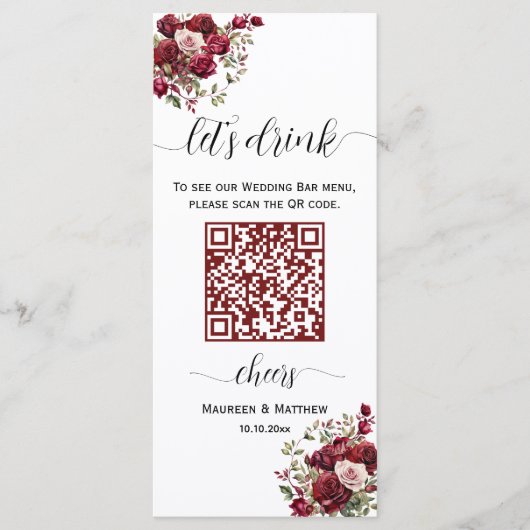 Burgundy Floral Moderne QR Code Barre Mariage Menu (Devant)