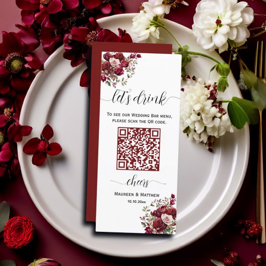 Burgundy Floral Moderne QR Code Barre Mariage Menu