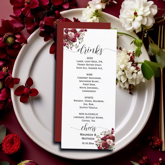 Burgundy Floral Moderne Script Mariage Bar Menu