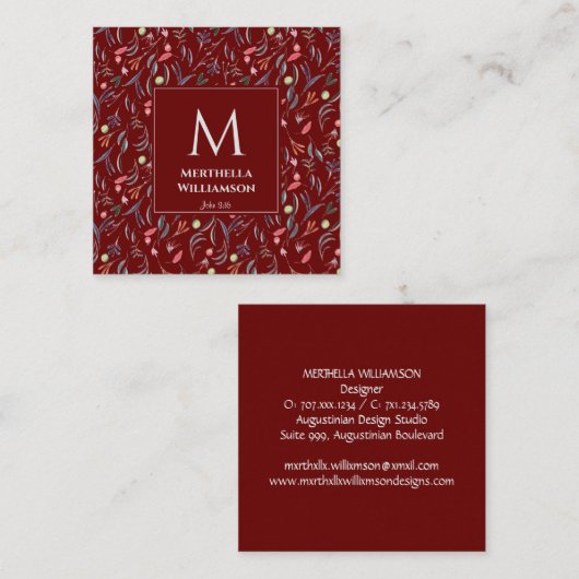 BURGUNDY Floral MONOGRAM - aangepaste scripts Vierkante Visitekaartje (Voorkant / Achterkant)