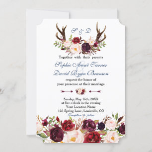 Burgundy Floral Navy Blue Antlers Monogram Weddens Kaart