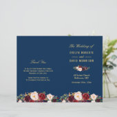 Burgundy Floral Navy Blue Folded Wedding Programme (Staand voorkant)