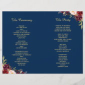 Burgundy Floral Navy Blue Folded Wedding Programme (Achterkant)