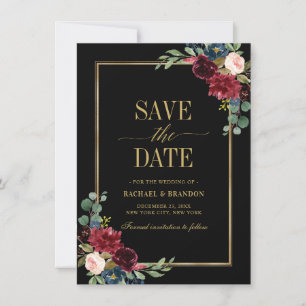 Burgundy Floral Navy Blue Gold Lijst Save the Date