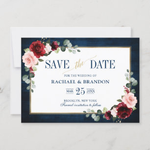 Burgundy Floral Navy Blue Gold Lijst Save the Date