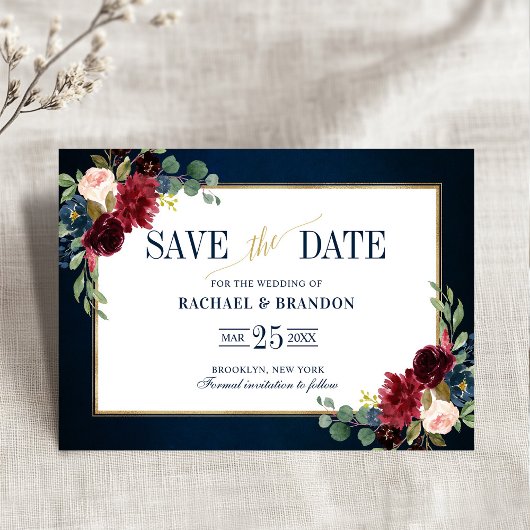 Burgundy Floral Navy Blue Gold Lijst Save the Date