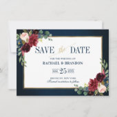 Burgundy Floral Navy Blue Gold Lijst Save the Date (Voorkant)