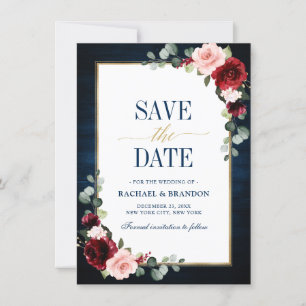 Burgundy Floral Navy Blue Gold Lijst Save the Date