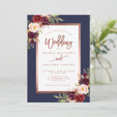 Burgundy Floral Navy Blue Roos Gold Script Weduwsc Kaart (Staand voorkant)