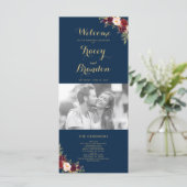 Burgundy Floral Navy Blue Script Photo Weduwschap Programma (Staand voorkant)