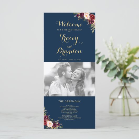 Burgundy Floral Navy Blue Script Photo Weduwschap Programma (Staand voorkant)