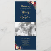 Burgundy Floral Navy Blue Script Photo Weduwschap Programma (Voorkant)
