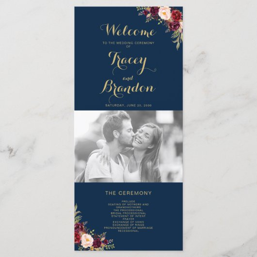 Burgundy Floral Navy Blue Script Photo Weduwschap Programma (Voorkant)
