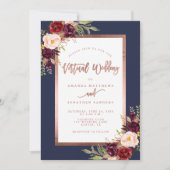 Burgundy Floral Navy Roos Gold Virtual Wedding Kaart (Voorkant)