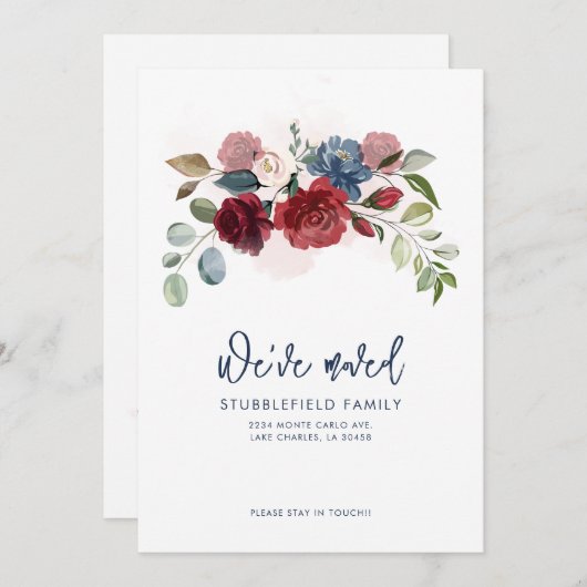 Burgundy Floral New Address Moving Aankondiging (Voorkant / Achterkant)