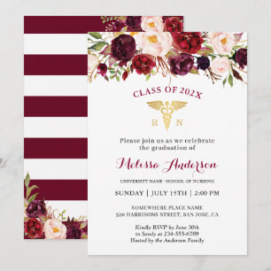 Burgundy Floral Nursing School Graduparty Kaart
