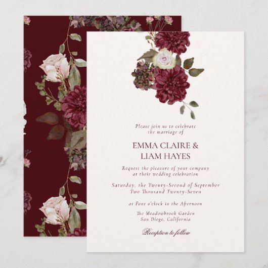 Burgundy Floral Old Money Wedding Invitation (Devant / Derrière)