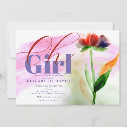 Burgundy Floral Pink Abstract Baby Girl Shower Kaart (Voorkant)