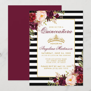 Burgundy Floral Quinceanera Gold Crown Stripes Kaart