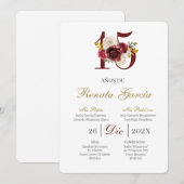 Burgundy floral quinceañera invitation (Devant / Derrière)