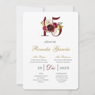 Burgundy floral quinceañera invitation kaart