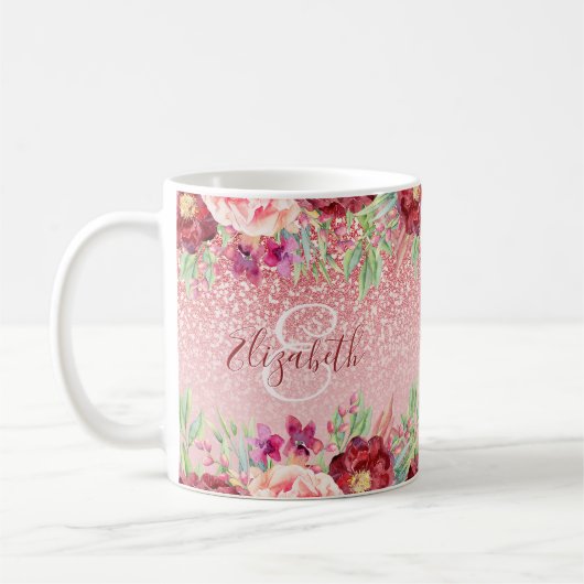 Burgundy Floral Roos Gold Glitter - Gepersonalisee Koffiemok (Links)
