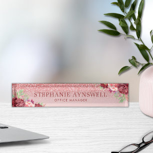 Burgundy Floral Roos Gold Glitter - Gepersonalisee Naambordje