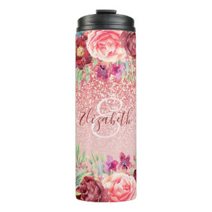 Burgundy Floral Roos Gold Glitter - Gepersonalisee Thermosbeker
