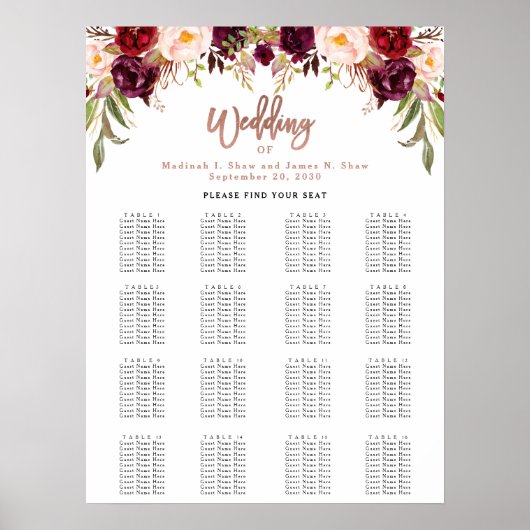 Burgundy Floral Roos Gold Wedding Seating Chart Poster (Voorkant)