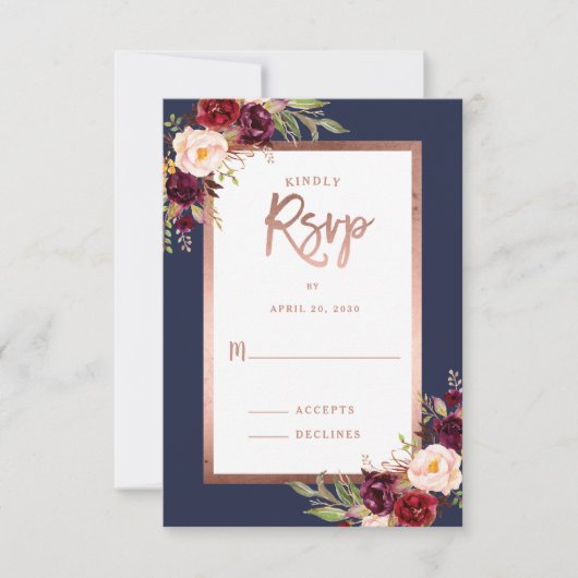 Burgundy Floral Rose Gold Atmosphère Mariage RSVP (Devant)