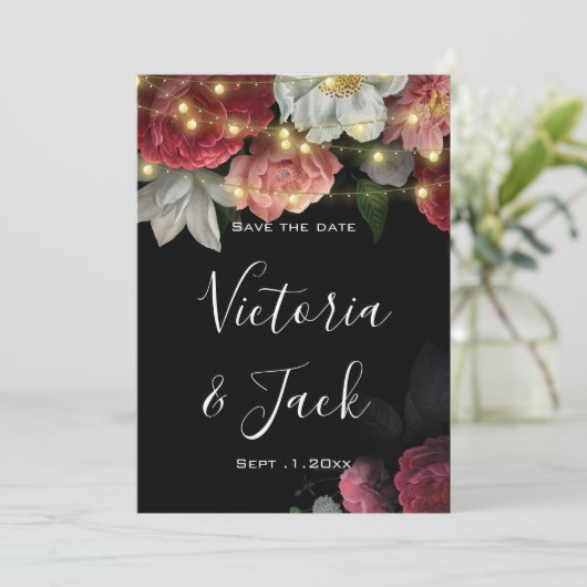 Burgundy Floral Rustic string lig save the dates Kaart (Staand voorkant)