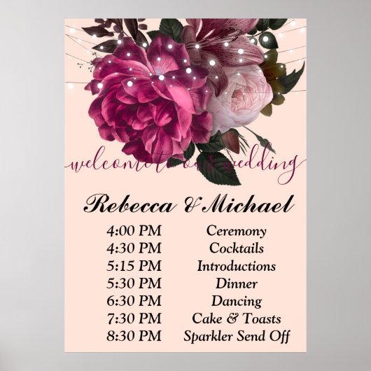 Burgundy Floral Rustic string ligOrder of Events Poster (Voorkant)