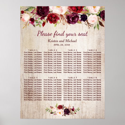 Burgundy Floral Rustic Wood Wedding Seding Chart Poster (Voorkant)