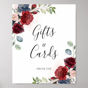 Burgundy Floral Script Dusty Blue Gifts en Kaarten Poster