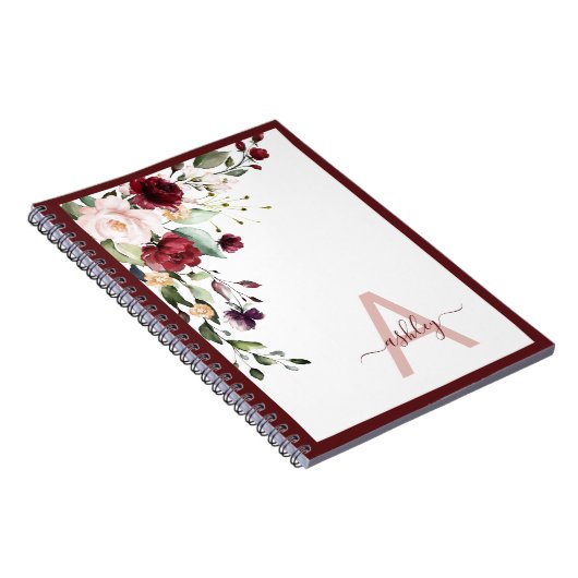 Burgundy Floral Script Monogram Initiaal Name Notitieboek (Rechterzijde)