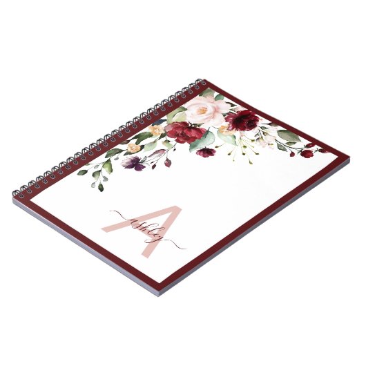 Burgundy Floral Script Monogram Initiaal Name Notitieboek (Linkerzijde)