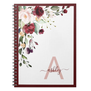 Burgundy Floral Script Monogram Initiaal Name Notitieboek