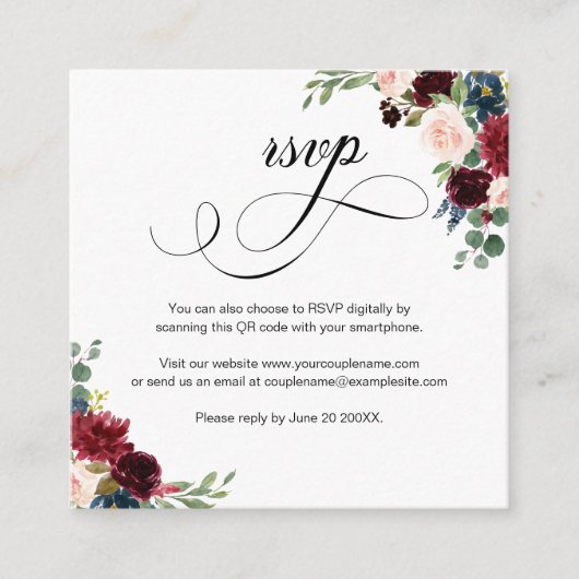 Burgundy Floral Script QR Code Wedding RSVP Kaart (Voorkant)