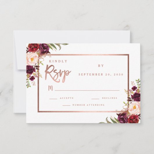 Burgundy Floral Script Rose Gold Wedding RSVP (Devant)